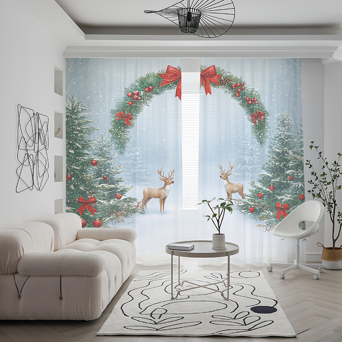 Curtain Rods - 2PCS Christmas Winter Sheer Curtains, Wreath
